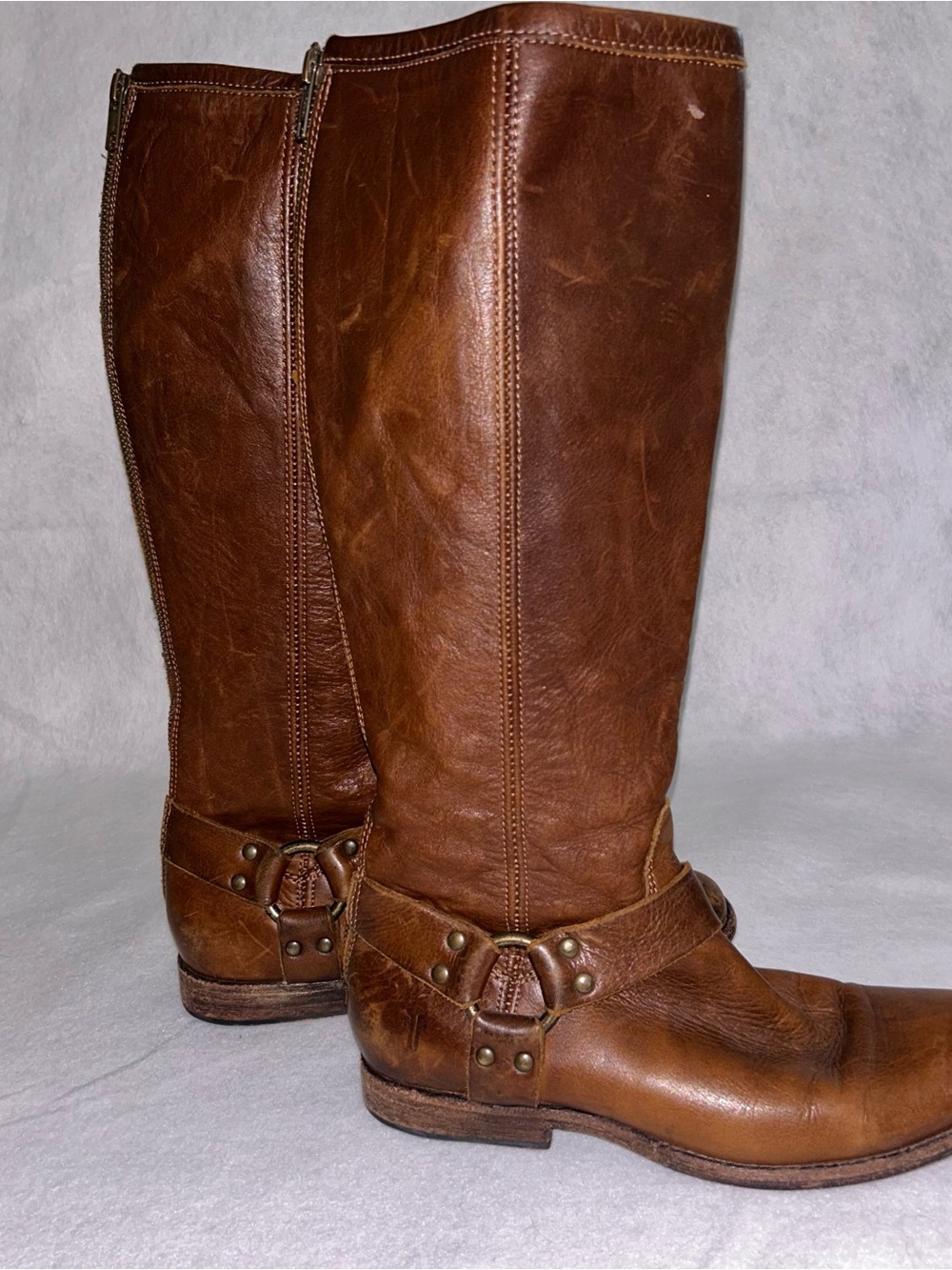FRYE Phillip Harness Tall Leather Riding Boots Brown Back-Zip Size 8
